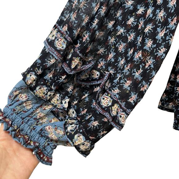 Free People Jenna Floral Peasant Flowy Button Up Top Size L Navy Boho Hippie - Picture 6 of 9